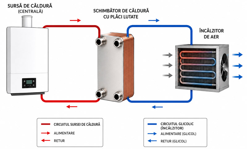 Schemă simplificată a instalației cu schimbător cu plăci și aerotermă